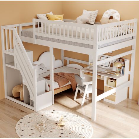 Cama infantil elevada (205x192x173 cm), con escalera con almacenamiento, barandilla alta, madera, blanca (1/5)