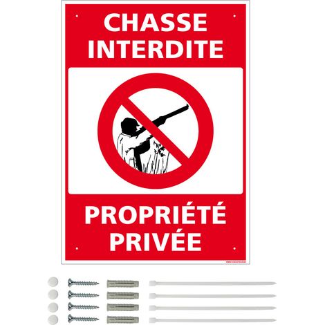 Panneau de signalisation prépercé PVC ou ALU rectangulaire + kit de fixation - Chasse interdite, propriété privée - ALU 2 mm - 150 x 210 mm
