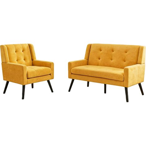 Juego de 2 sillones tapizados amarillo con espuma de alta densidad y patas de madera (1/5)