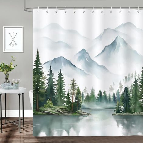Rideau de douche vert forêt brumeuse, motif aquarelle montagne et lac, en polyester anti-moisissure, imperméable et lavable, 180 x 180 cm. (1/4)