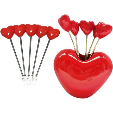 Ensemble de 10 fourchettes à fruits en acier inoxydable avec support décoratif en forme de cœur, fourchettes à dessert et salade, support en résine rouge (1/5)