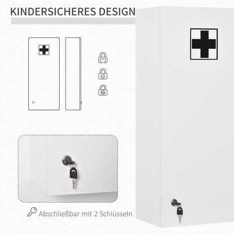 Armoire à pharmacie murale avec étagère réglable, croix de premiers secours, verrouillable, pour salle de bain, cuisine, couloir, blanc, 30x20x70 cm (1/4)