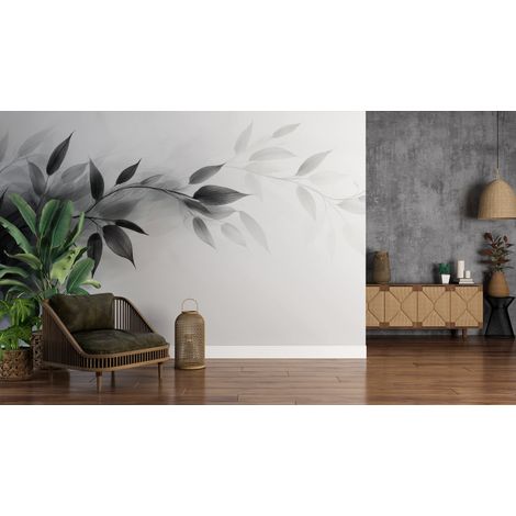 Papier peint nature - branches de saule en noir et blanc - 150 x 250 cm (1/2)