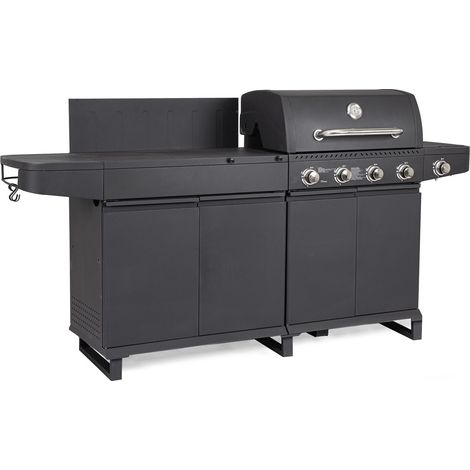 Cucina a Gas da Esterno Merita Antracite – 5 Bruciatori in Acciaio Inox, Fornello Laterale, Piano Lavoro – Superficie 70x42 cm