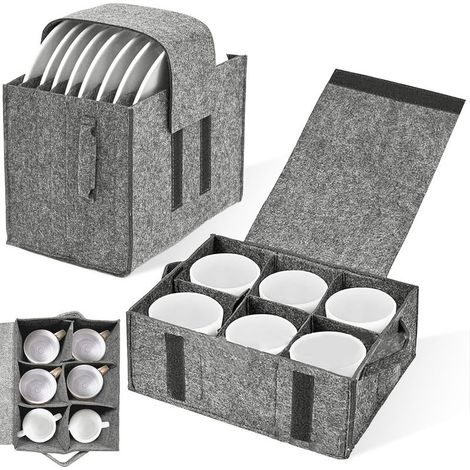 Lot de 2 (Gris) Porte Assiette Feutre & Porte Tasses, Sac Feutre Cuisine Pliable, Boîte Rangement Vaisselle pour 8 Assiettes et 6 Tasse, Supports Rangements pour Camping Car, Armoires, Caravanes (1/5)