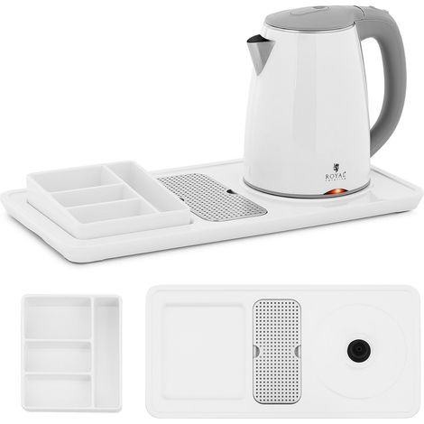 Set di benvenuto per hotel: bollitore elettrico con vassoio da 1,2 l, 1800 W, colore bianco.