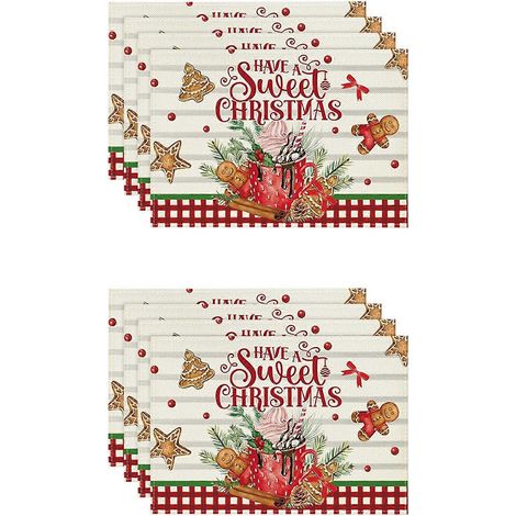 Lot de 8 sets de table de Noël roses enneigés, motif sapins de Noël, pour la décoration de la cuisine et de la salle à manger (K). (1/2)