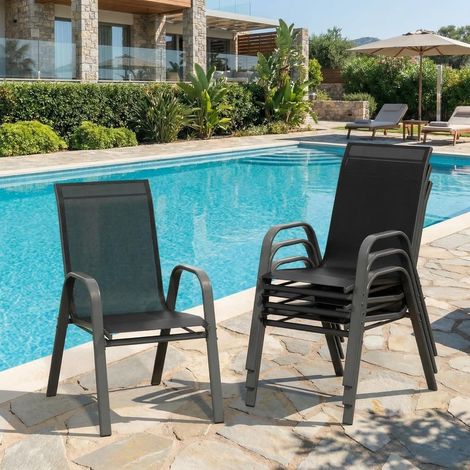 Lot de 4 chaises jardin empilables haut dossier cadre métal tissu textilène noir résistantes aux intempéries terrasse balcon camping (1/5)
