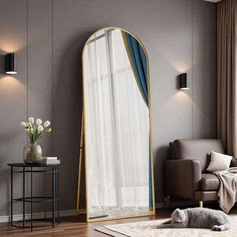Espejo de Pie 162x53cm Arco Dorado – Marco de Metal de Aluminio – Dormitorio Vestidor – Redondeado Inclinable