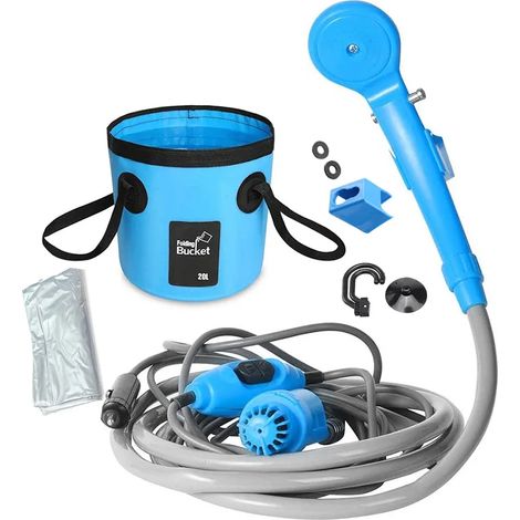 (Bleu avec sac) Douche portable de camping, randonnée et voyage, allume-cigare 12 V, douche extérieure pour arrosage des plantes, nettoyage de voiture et bain d'animaux. Pompe (1/4)