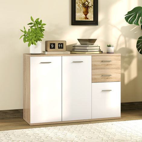 Buffet salon, meuble de rangement avec 2 tiroirs, 3 portes et étagère réglable, 106 x 35 x 76 cm, blanc et bois naturel (1/5)