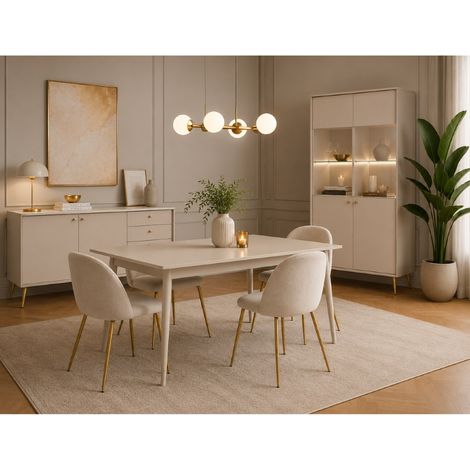Salle à manger complète 6 places beige cachemire – Buffet 160cm 2 portes 3 tiroirs – Vitrine avec éclairage LED – Table 180cm pied doré