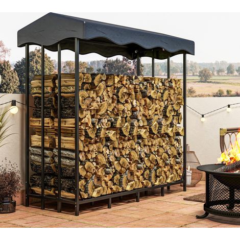 Porte-bois extérieur en métal renforcé avec couverture, Capacité de 2000 kg, Noir (1/5)