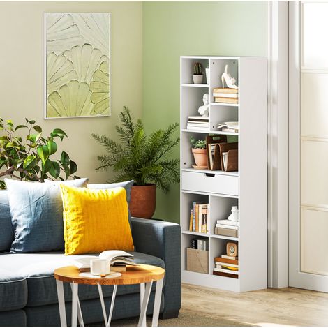 Bibliothèque étagère 9 niveaux avec tiroir, plateau supérieur, MDF blanc, anti-basculement, rangement bureau et salon 60 x 26 x 158 cm  CHICFURN (1/5)