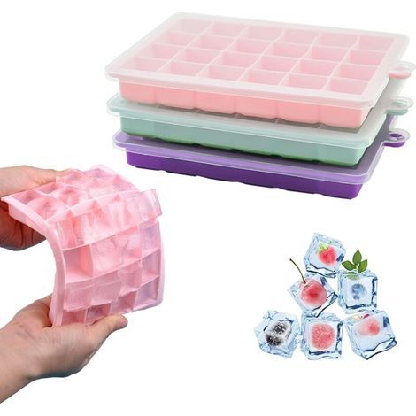 Eiswürfelform, 3er-Set Silikon-Eiswürfelformen, leicht zu entformen, BPA-frei, für Alkohol/Kaffee/Getränke (rosa, hellblau, lila) (1/4)