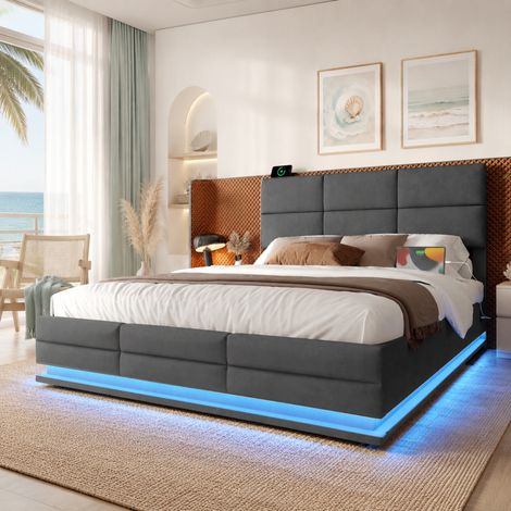 REDOM Bettgestell 180x200 cm, mit LED, USB Anschlüssen und Stauraum, höhenverstellbares Kopfteil, Samt, dunkelgrau (1/5)