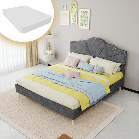 Letto 160x200 cm con materasso, testiera geometrica imbottita, grigio OKMYHOME (1/5)