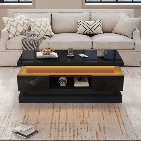 Table basse relevable 100 x 50 x 40 cm avec 2 tiroirs, table d'appoint laquée brillante avec éclairage LED, table console, table basse, table de salon avec rangement dissimulé, noir, panneaux de parti (1/4)