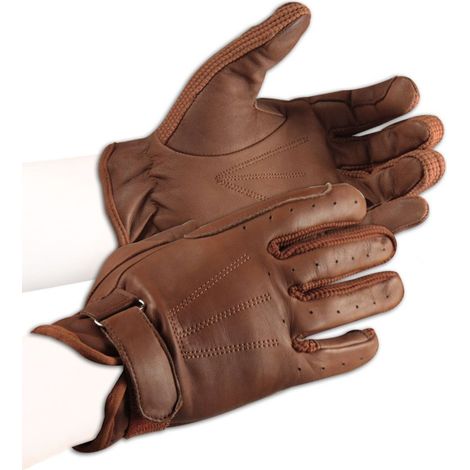 XS, MARRONE: Guanti da equitazione in pelle modello Handy Lato in maglia