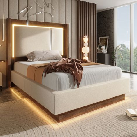 Polsterbett 90 x 200 cm mit LED und Stauraum, Beige/Nussbaum OKMYHOME (1/5)