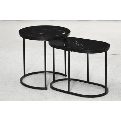 Lot de 2 tables gigognes en acier et plateau MDF imitation marbre, table ronde et ovale, noires. (1/5)