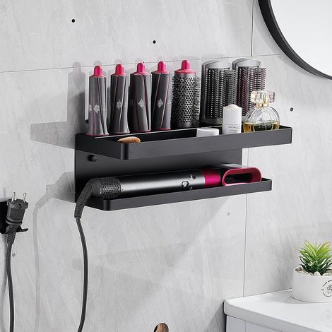 Soporte de pared negro 2 en 1 para Dyson Airwrap, no requiere perforación, diseño estético y material duradero.