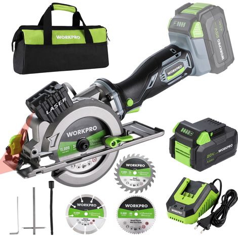 WORKPRO Mini Scie Circulaire Sans Fil 20V, 3 Lames 115 mm, Batterie 4,0 Ah et Chargeur, Rail de Guidage, Profondeur de Coupe Max 42,8mm (90°) 28mm (45°) Pour Bois Carrelage Plastique PVC