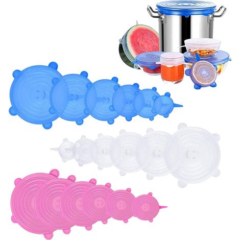 Couvercles extensibles en silicone, lot de 18 couvercles réutilisables, 6 tailles disponibles, compatibles avec les récipients alimentaires, pour congélateur et micro-ondes. (1/5)