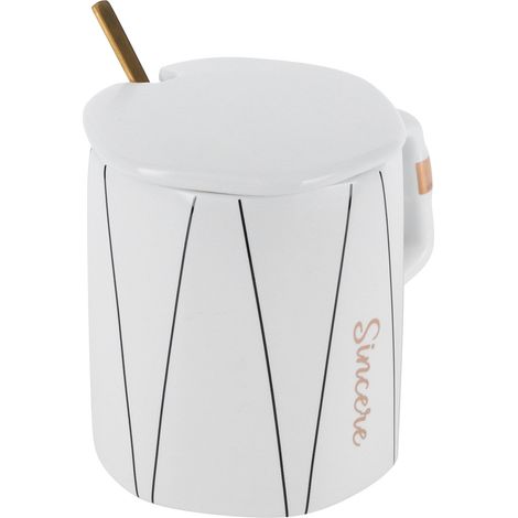 Achteckiger Keramikbecher für Büro/Kaffee mit Löffel und Deckel – Geschenk für Paare und Freunde – Set B (1/5)