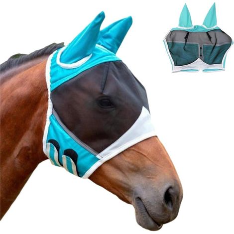 Bleu Taille L Masque anti-mouches pour cheval, protection UV, Stretchy, masque anti-mouches avec protection pour les oreilles, capuchon pour chevaux, masque anti-mouches (1/4)