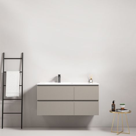 Mobile bagno sospeso cannettato 100 cm Grigio Cenere Lavabo a Sinistra in Ceramica Senza Specchio - Fiji Paint (1/4)