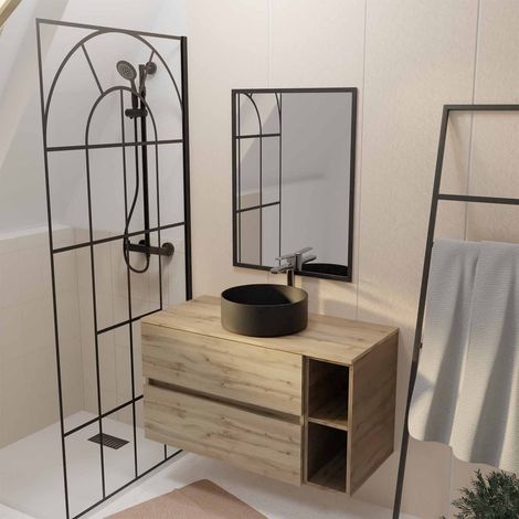 Mobile da bagno 100 cm TIMBER Effetto Rovere, Cassetti e modulo, Lavabo Nero e Specchio 60x80