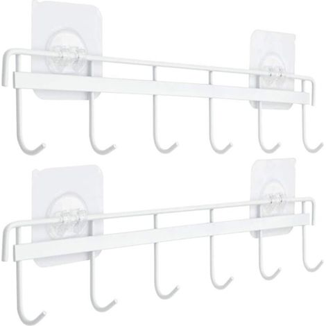 2-Piece Kitchen Utensil Holder, Kitchen Utensil Rack with 6 Hooks, No Drilling Storage Organizer for Kitchen/Bathroom (White)