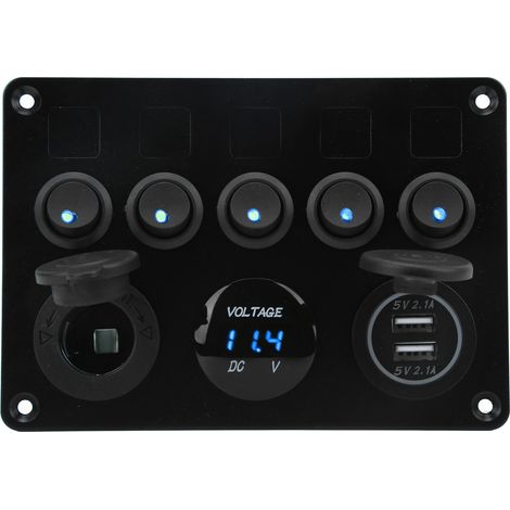 Panneau de 5 interrupteurs étanche 12-24V avec voltmètre numérique rétroéclairé bleu, pour bateau, camping-car, remorque, camion. (1/5)
