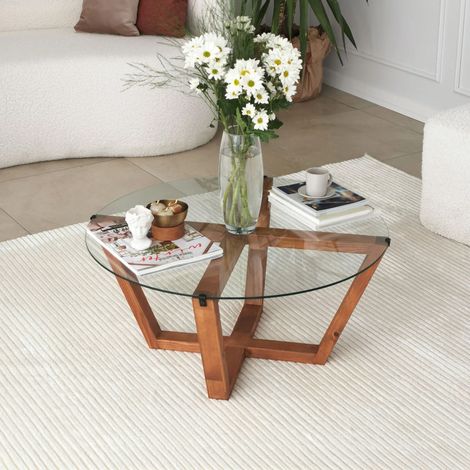 Table basse 75x75x35 cm en verre et bois massif noyer (1/5)