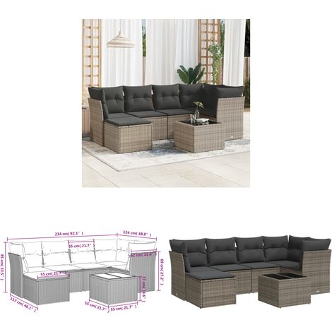 7-tlg. Garten-Sofagarnitur mit Kissen Grau Poly Rattan - Gartenmöbel Set - PE-Rattan Möbel - Outdoor Sofa - Esstisch Set - Lounge Gruppe - Home & Living (1/3)