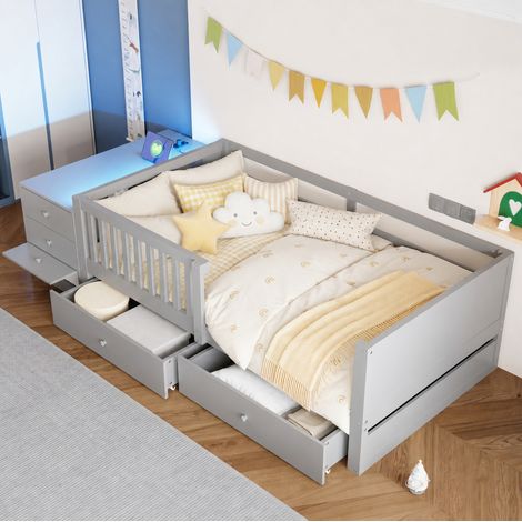 Cama infantil 90/200 cm gris con almacenaje independiente, enchufe integrado y luz LED (1/5)