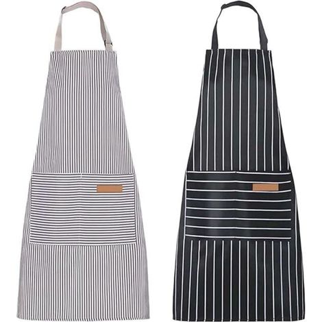 2 gestreifte Küchenschürzen, Unisex-Kochschürzen aus Baumwoll-Leinen-Mischgewebe, verstellbare Latzschürze mit 2 Taschen zum Kochen, Backen und Malen, Schwarz & Grau (1/4)