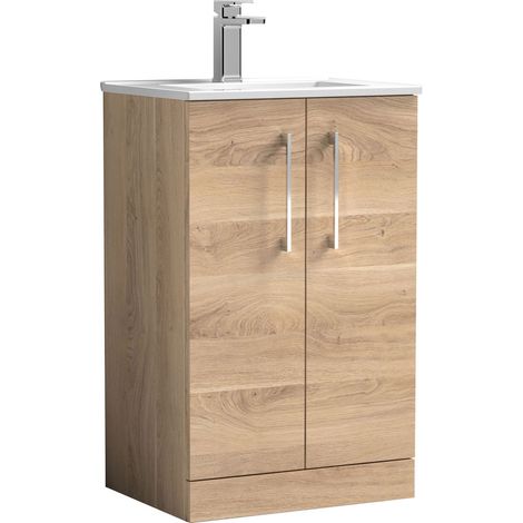Balterley  Contemporary Bathroom 2 Soft Close Door & Minimalist Floor Standing Vanity Unit Basin, Bleached Oak, 500mm
