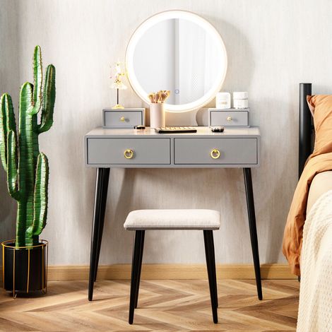 COSTWAY Dressing Table Set with 3-Color Adjustable LED Lights Mirror, Wooden Detachable Makeup Vanity Table Stool Set, Home Bedroom Furniture Cosmetics Dresser Gift (Grey+Black, 4 Drawers) (1/5)