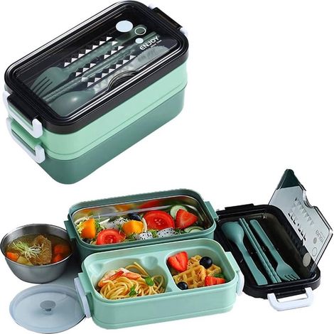 Bento box verde con ciotola per zuppa, vassoio e posate in acciaio inox, senza BPA e a prova di perdite, porta pranzo per adulti e bambini con scomparti