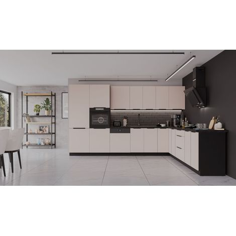 Winkelküche ARONA 350x290 cm Küchenzeile Eckküche Küche Kaschmir beige + Schwarz