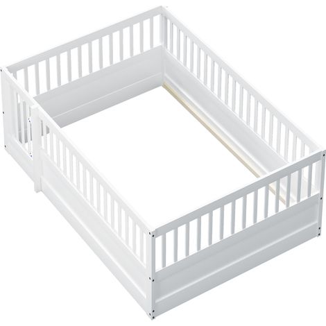 Lit pour enfant 140 x 200 cm, cadre de lit en bois avec grille et porte, blanc