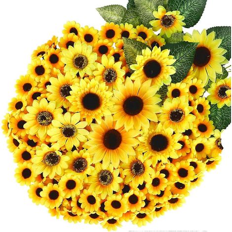 260 têtes de tournesol artificielles (4,5 cm, 7 cm, 9 cm, 10,5 cm), 230 mini tournesols en soie artificielle pour loisirs créatifs, 30 fausses feuilles et petites fleurs jaunes. (1/5)