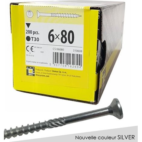 BOITE DE 200 VIS À TÊTE FRAISÉE 6 x 80, EMPREINTE TORX FINITION SILVER