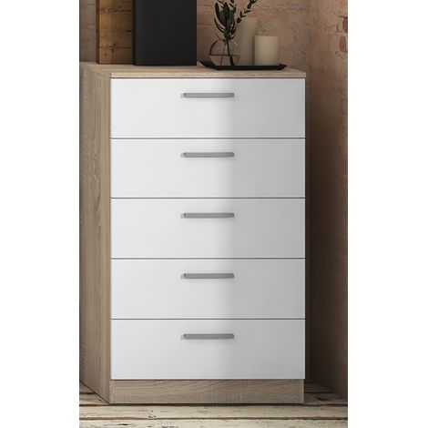 Chiffonnier avec 5 tiroirs coloris chêne cambrian/blanc - Longueur 60 x profondeur 40 x hauteur 102,7 cm -PEGANE- (1/3)