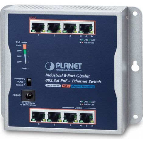 PLANET IP30 Industrial 8-Port No administrado Gigabit Ethernet (10/100/1000) Energía sobre Ethernet (PoE) Gris
