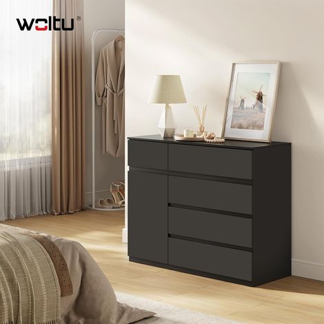 WOLTU Cassettiera per Camera 5 Cassetti e 1 Armadietto Ripiano Regolabile Mobile di Ripostiglio per Camera, Soggiorno e Ingresso con Dispositivo Anti-Ribaltamento, Nero