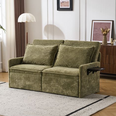 Canapé banquette pliable avec USB/Type-C, dossier réglable 5 positions, rangement latéral, chenille - verte