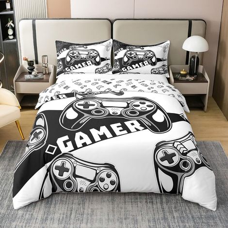 Housse de Couette 200x200 Enfant Garçon en Coton, Parure de Lit Jeux Vidéo Ensemble de Literie pour Jeux Ado, Housse Couette Console de Jeux, Décoration de Chambre Blanche et Noire (1/5)